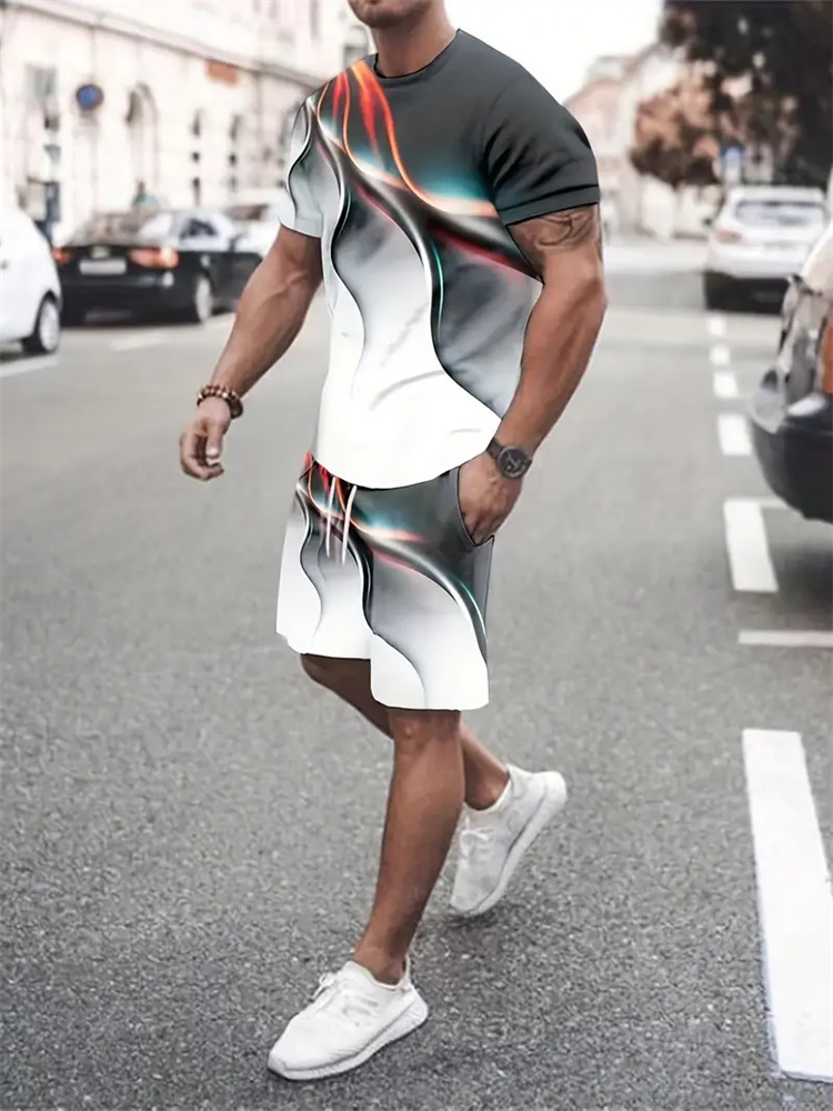 Running Gear For Men - เสื้อยืดลายไล่เฉดสีสำหรับผู้ชายและผู้หญิง ชุดสองชิ้น กางเกงขาสั้น พิมพ์ลาย 3 มิติ