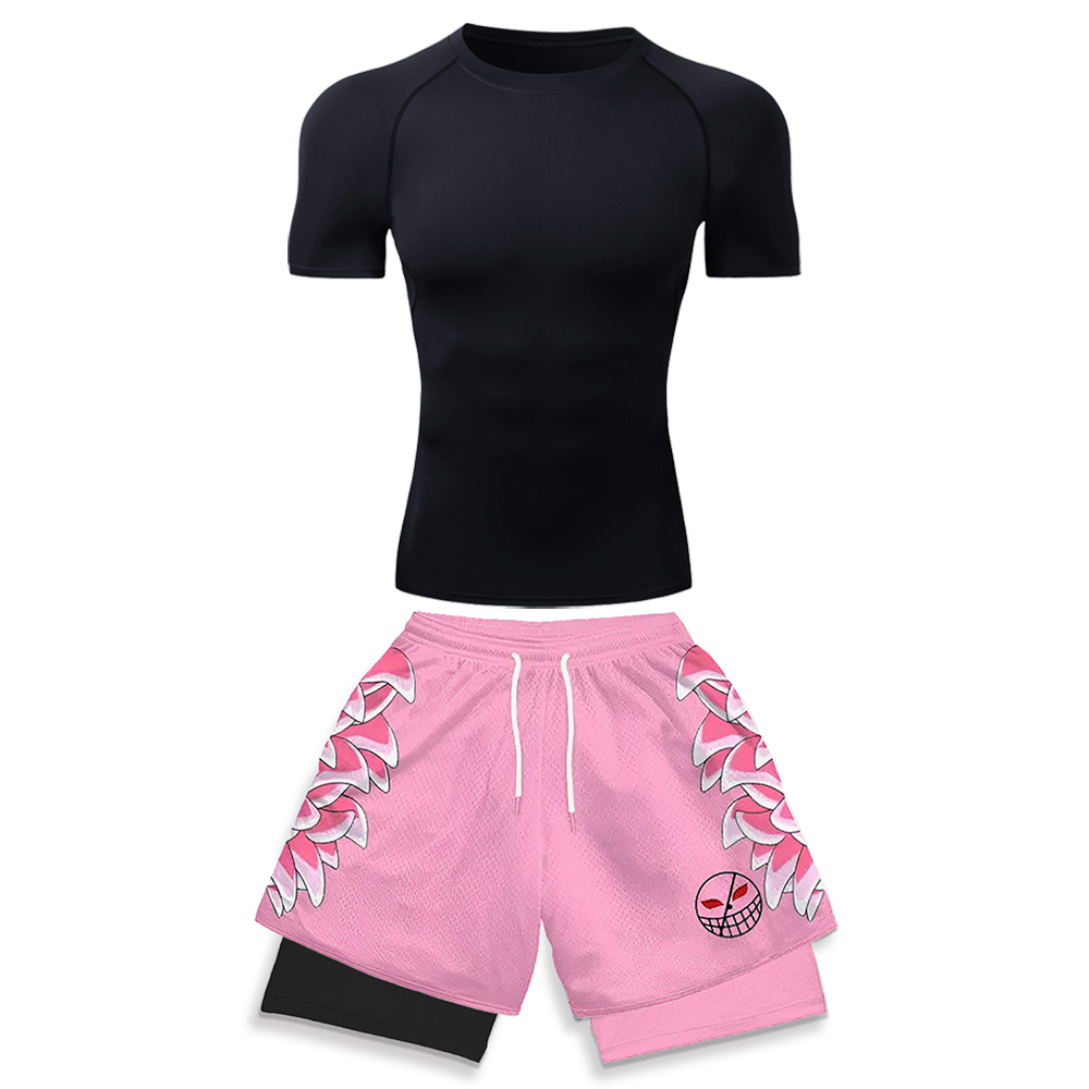 Running Gear For Men - ชุดออกกำลังกายยืดหยุ่นสูงสำหรับผู้ชาย เสื้อยืดสีขาวแบบรัดรูป & กางเกงวิ่งขาสั้นพิมพ์ลายกราฟิก 3 มิติสีชมพู